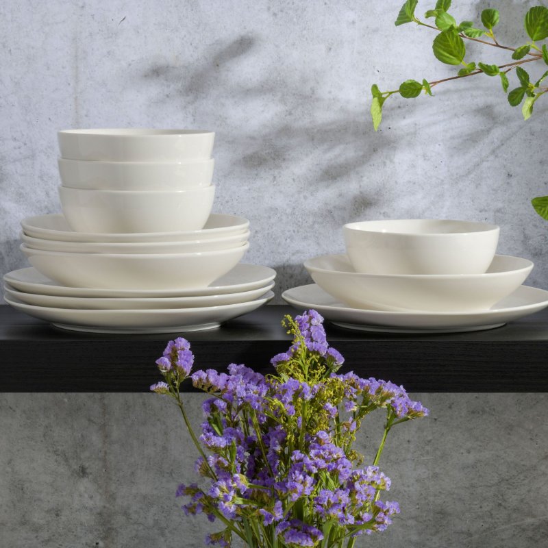 KIKUI Next Gen 12-Piece Double Bowl Fine Ceramic Dinnerware Set