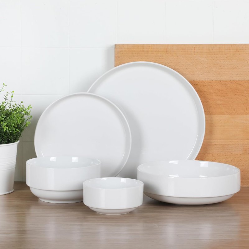 KIKUI Rothernberg Stackable 40 Piece, Service for 8, White Porcelain Plates and Bowls Set