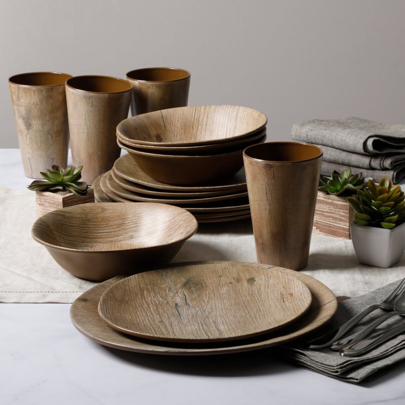 KIKUI Woodlands Round 16-Piece Melamine Dinnerware Set