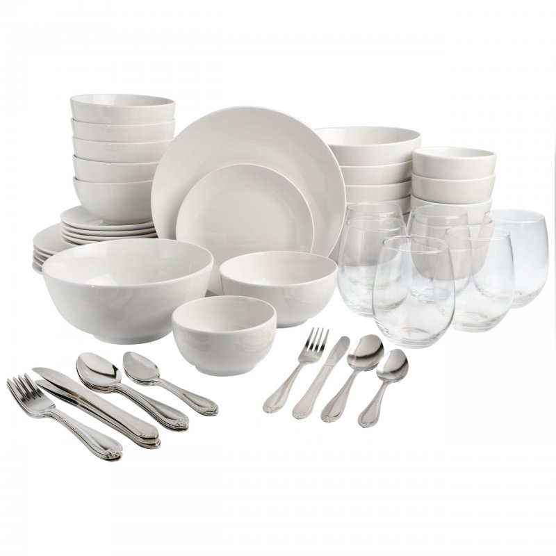 KIKUI All U Need 60 Piece Plates, Bowls, Glassware, Forks, Spoons, and Knives (Service for 6) Dinnerware Set