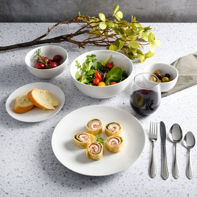 KIKUI All U Need 60 Piece Plates, Bowls, Glassware, Forks, Spoons, and Knives (Service for 6) Dinnerware Set