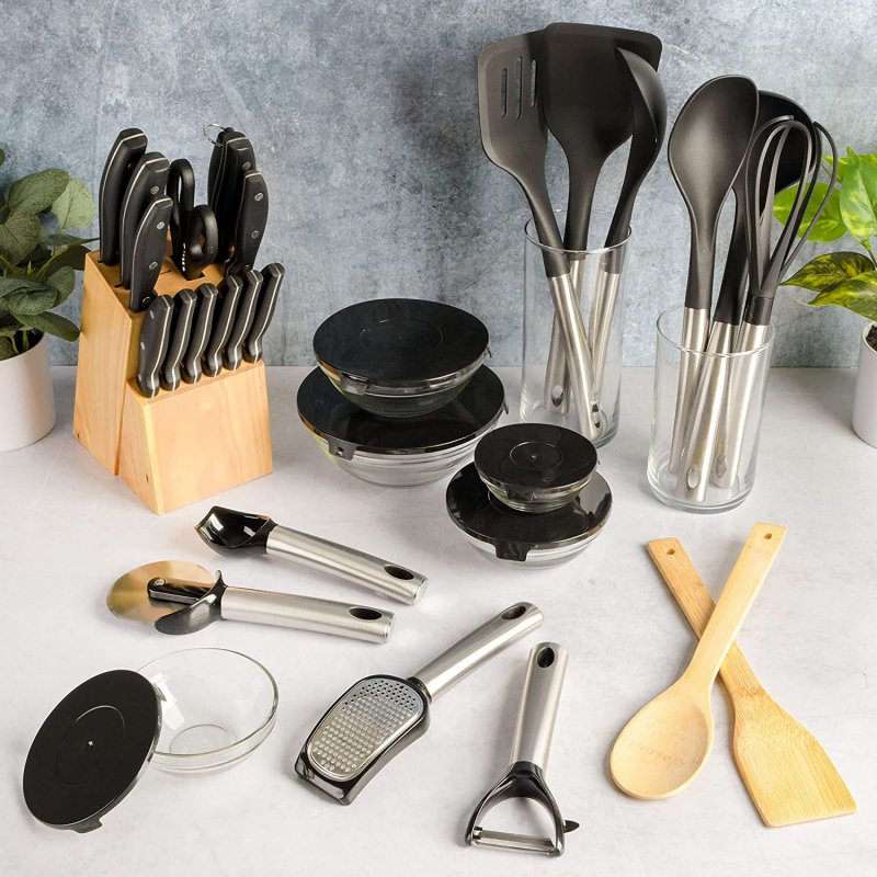 KIKUI 95-Piece Complete Kitchen Starter Kit – Dinnerware, Cookware, Bakeware, Kitchen Tools