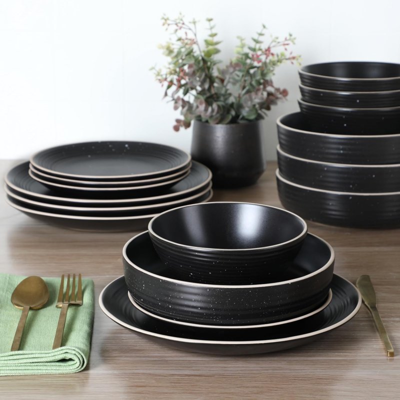 KIKUI Dinah 16 Piece Double Bowl Stoneware Embossed Speckled Dinnerware Set – Matte Black, White, or Sage Green