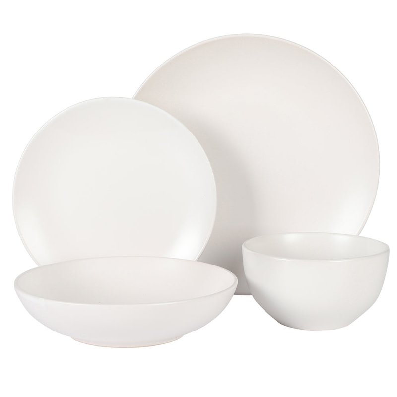 KIKUI Queenslane 16 Piece Plates and Bowls Dishes Stoneware Ceramic Dinnerware Sets – Matte White