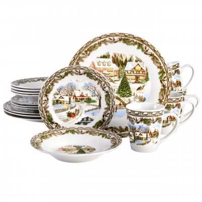 KIKUI Christmas Toile 16-Piece Dinnerware Set