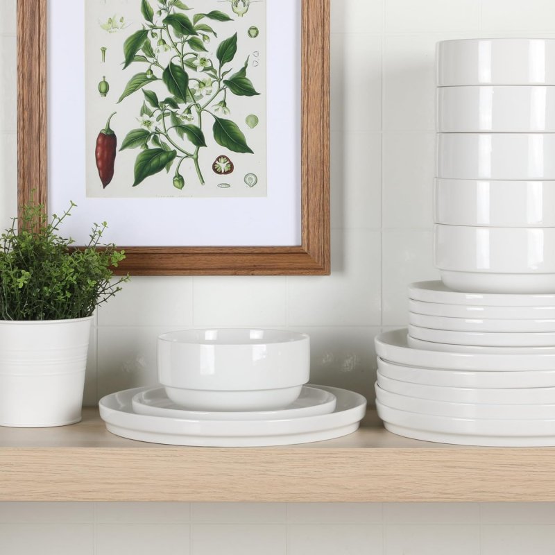 KIKUI Rothernberg Stackable 18 Piece, Service for 6, White Porcelain Plates and Bowls Set
