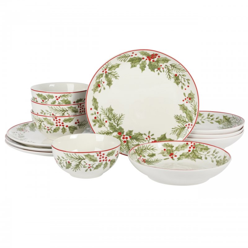 KIKUI 12 Piece Festive Berries Decorated Porcelain Dinnerware Set