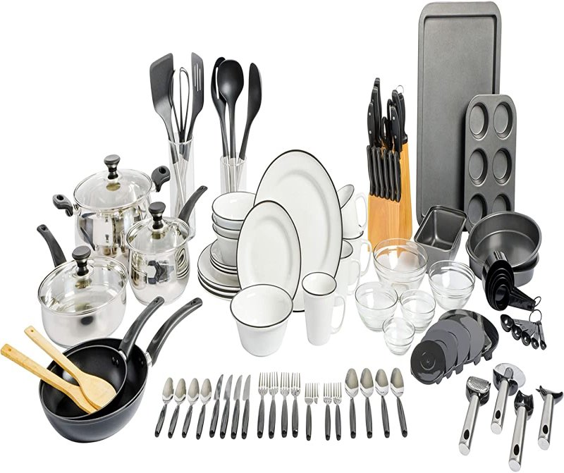 KIKUI 95-Piece Complete Kitchen Starter Kit – Dinnerware, Cookware, Bakeware, Kitchen Tools