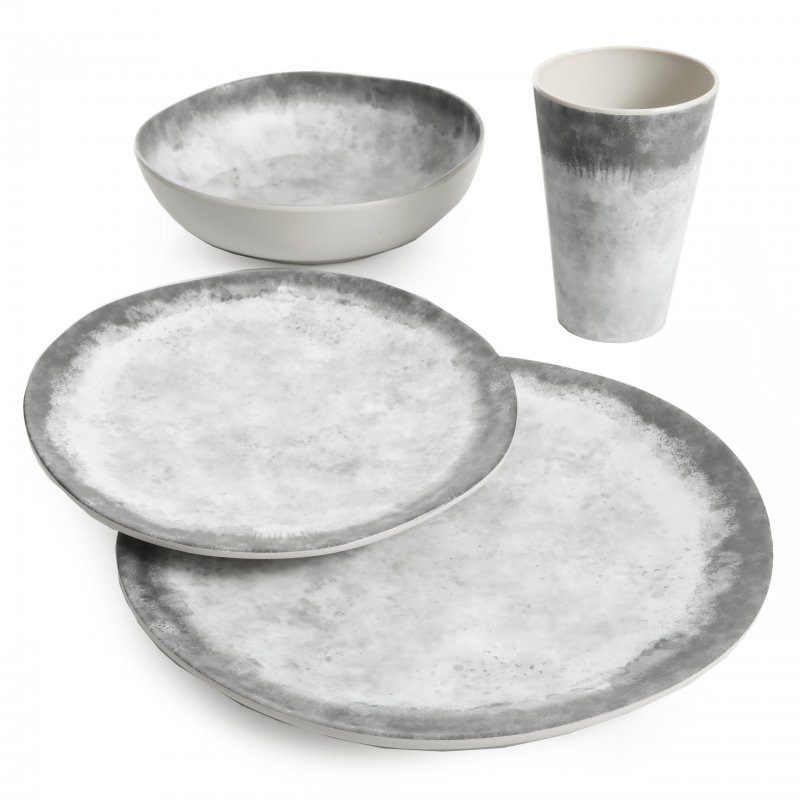 KIKUI Granite Organic Round Melamine Dinnerware Set, Service for Four (16pcs), Marble