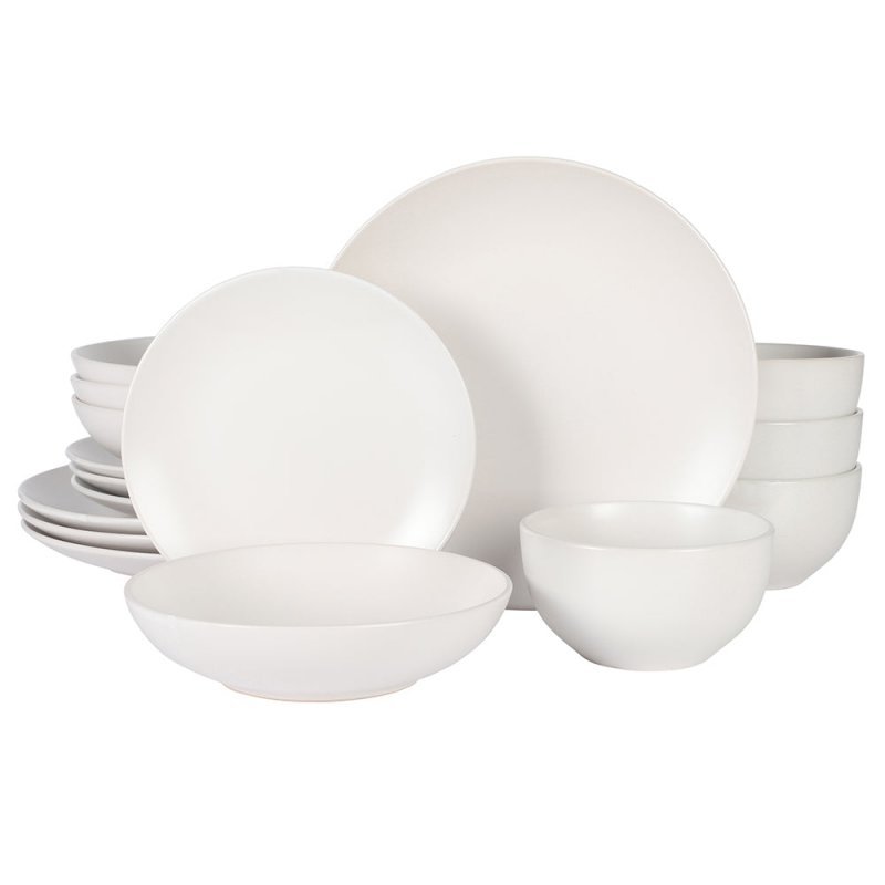 KIKUI Queenslane 16 Piece Plates and Bowls Dishes Stoneware Ceramic Dinnerware Sets – Matte White