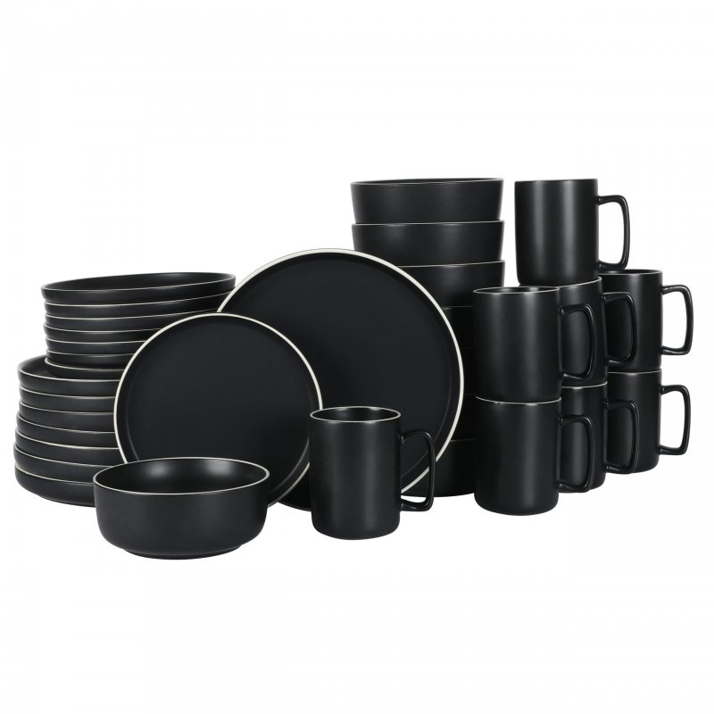 KIKUI Zuma Nuevo 32 Piece Plates, Bowls, and Mug (Service for 8) Dinnerware Set – Black