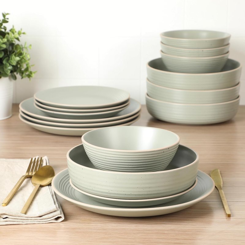 KIKUI Dinah 16 Piece Double Bowl Stoneware Embossed Speckled Dinnerware Set – Matte Black, White, or Sage Green