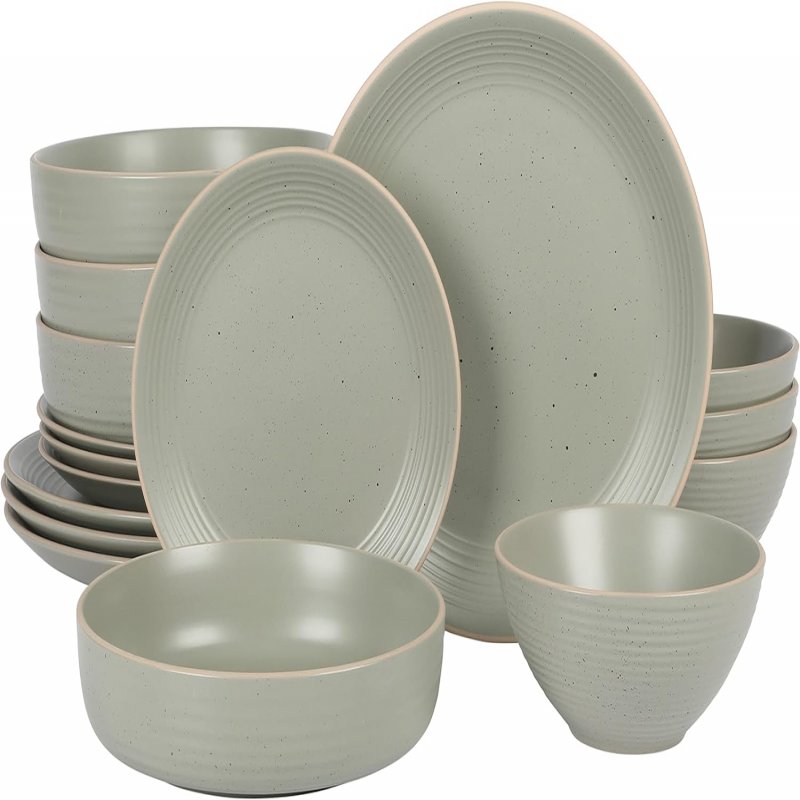 KIKUI Dinah 16 Piece Double Bowl Stoneware Embossed Speckled Dinnerware Set – Matte Black, White, or Sage Green