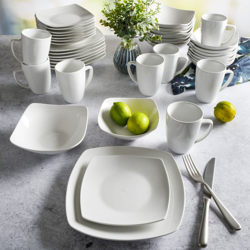 KIKUI Everyday Square 40-Piece Fine Ceramic Expanded Dinnerware Set