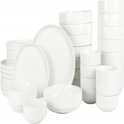 KIKUI Rothernberg Stackable 40 Piece, Service for 8, White Porcelain Plates and Bowls Set