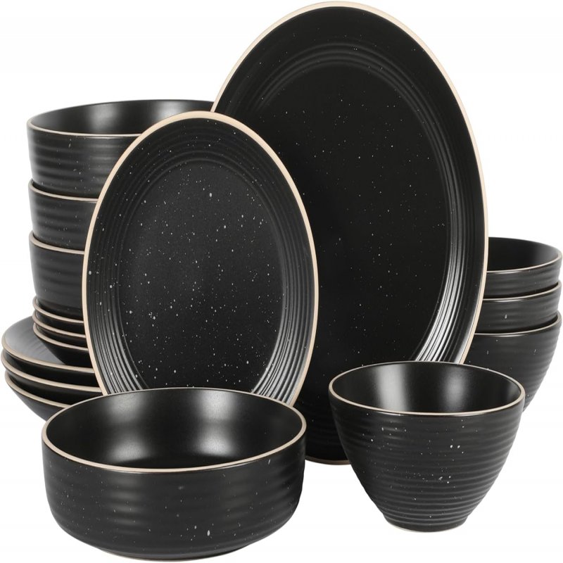 KIKUI Dinah 16 Piece Double Bowl Stoneware Embossed Speckled Dinnerware Set – Matte Black, White, or Sage Green