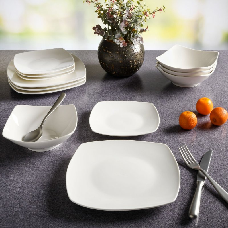 KIKUI Everyday Square 12-Piece Fine Ceramic Dinnerware Set