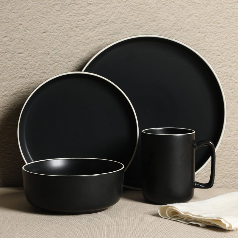 KIKUI Zuma Nuevo 32 Piece Plates, Bowls, and Mug (Service for 8) Dinnerware Set – Black