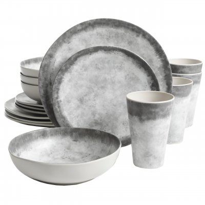 KIKUI Granite Organic Round Melamine Dinnerware Set, Service for Four (16pcs), Marble