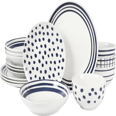 KIKUI Seaboard Decorated White and Blue Porcelain Plates and Bowls Dinnerware Set