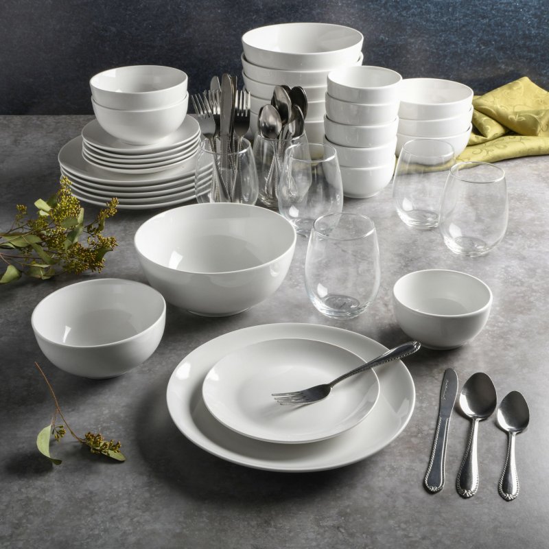 KIKUI All U Need 60 Piece Plates, Bowls, Glassware, Forks, Spoons, and Knives (Service for 6) Dinnerware Set