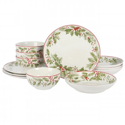 KIKUI 12 Piece Festive Berries Decorated Porcelain Dinnerware Set