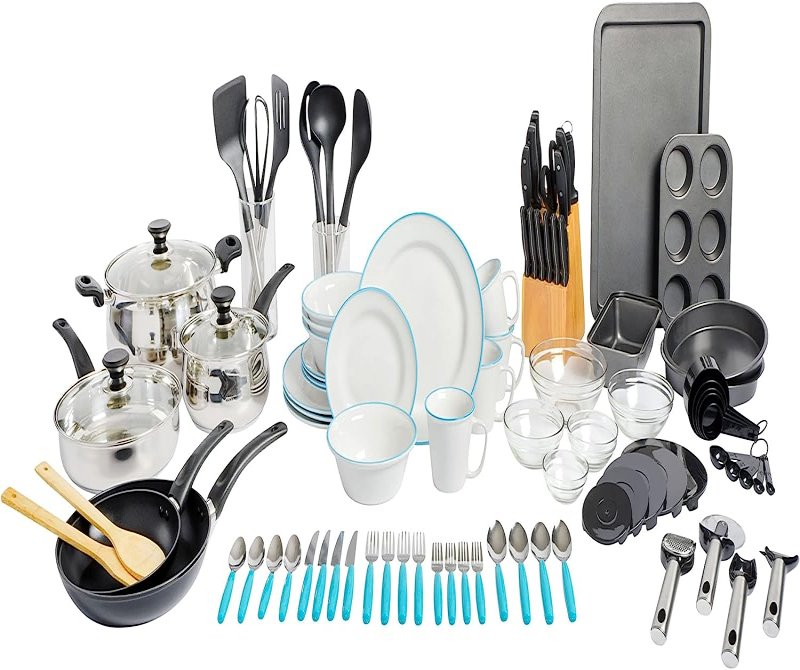 KIKUI 95-Piece Complete Kitchen Starter Kit – Dinnerware, Cookware, Bakeware, Kitchen Tools