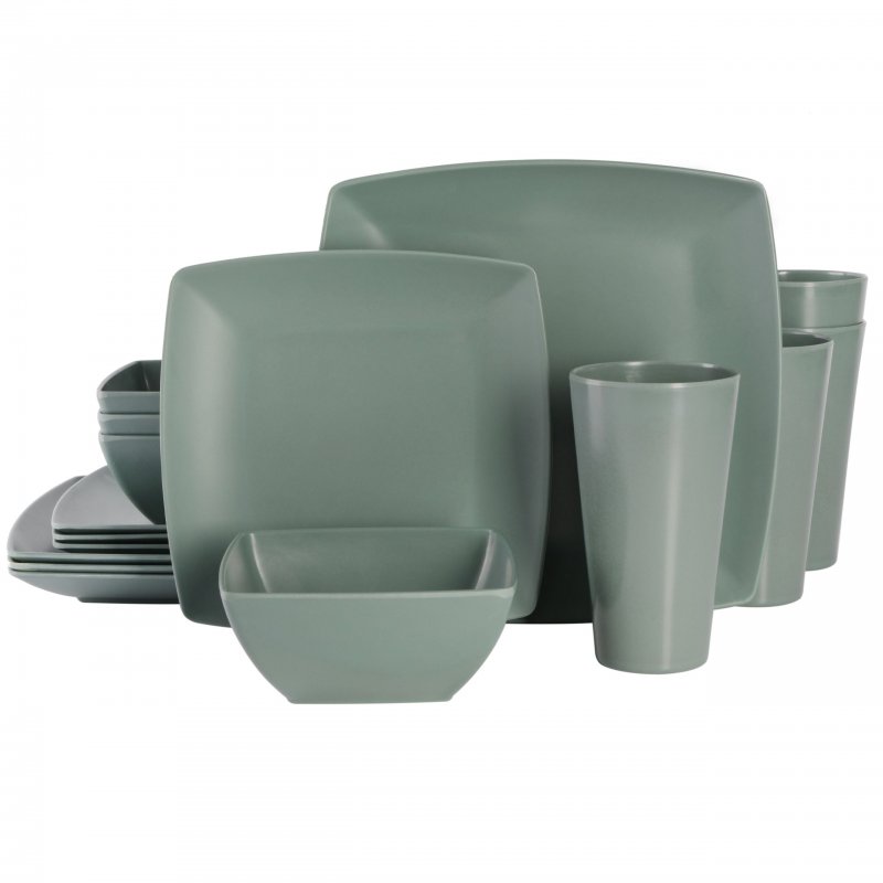 KIKUI Soho Grayson Square 16-Piece Melamine Dinnerware Set – Green