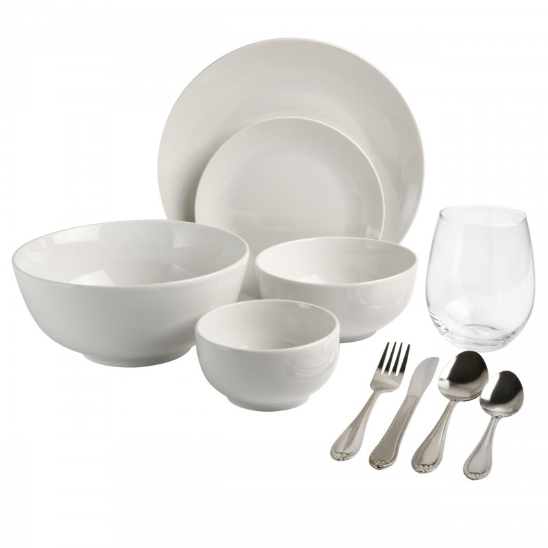 KIKUI All U Need 60 Piece Plates, Bowls, Glassware, Forks, Spoons, and Knives (Service for 6) Dinnerware Set