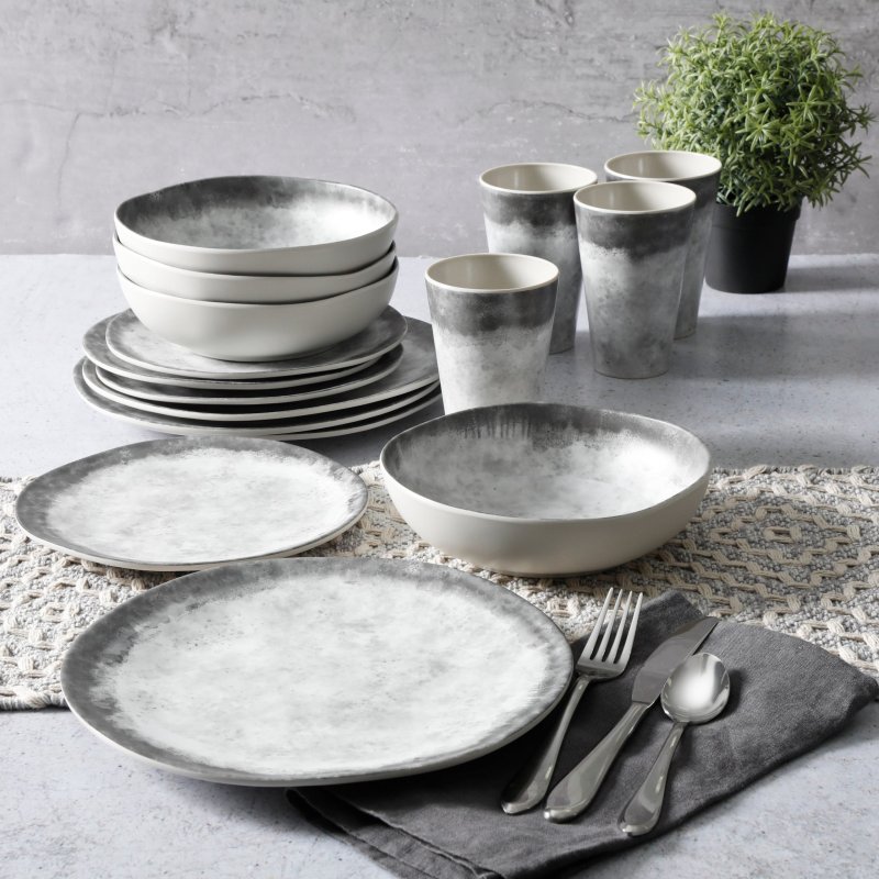 KIKUI Granite Organic Round Melamine Dinnerware Set, Service for Four (16pcs), Marble