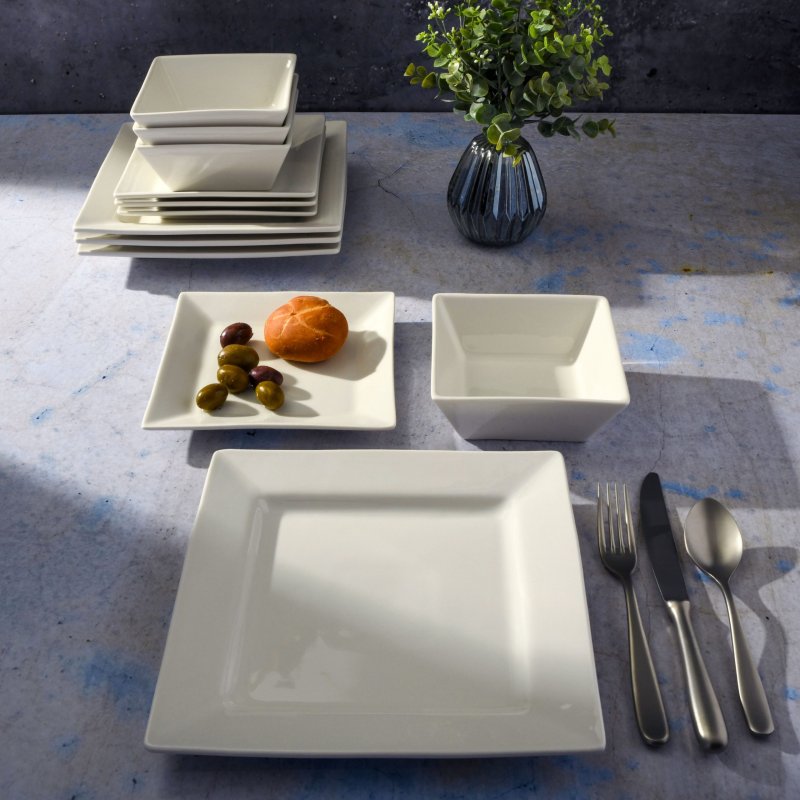 KIKUI Everyday Hard Square 12-Piece Fine Ceramic Dinnerware Set