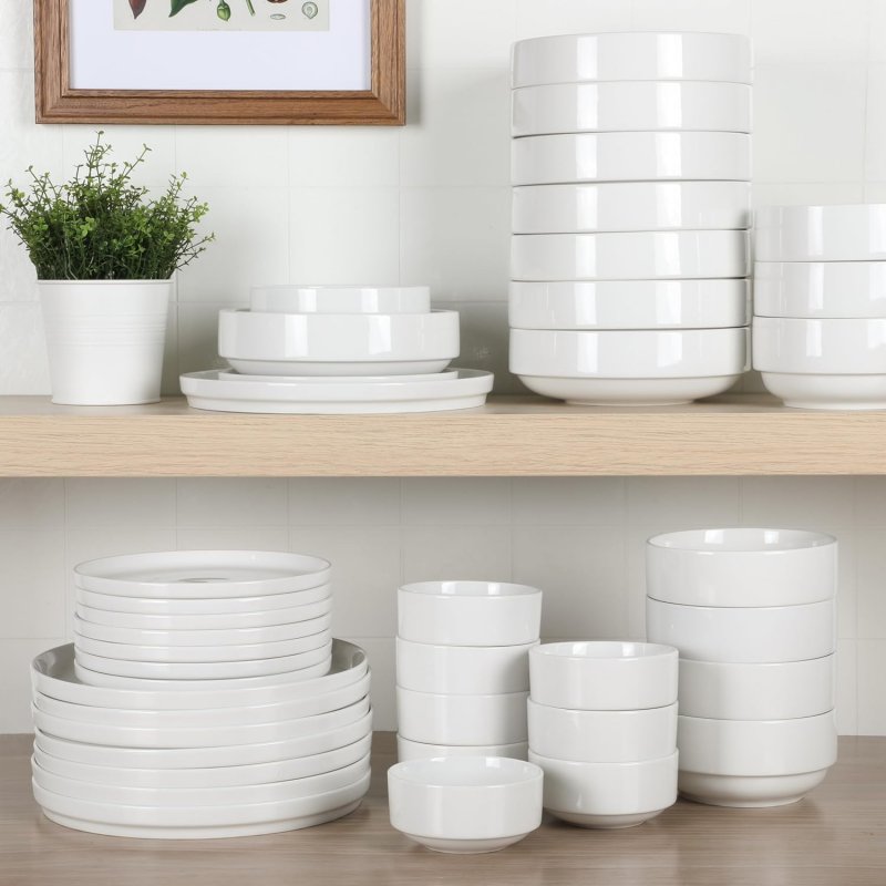 KIKUI Rothernberg Stackable 40 Piece, Service for 8, White Porcelain Plates and Bowls Set