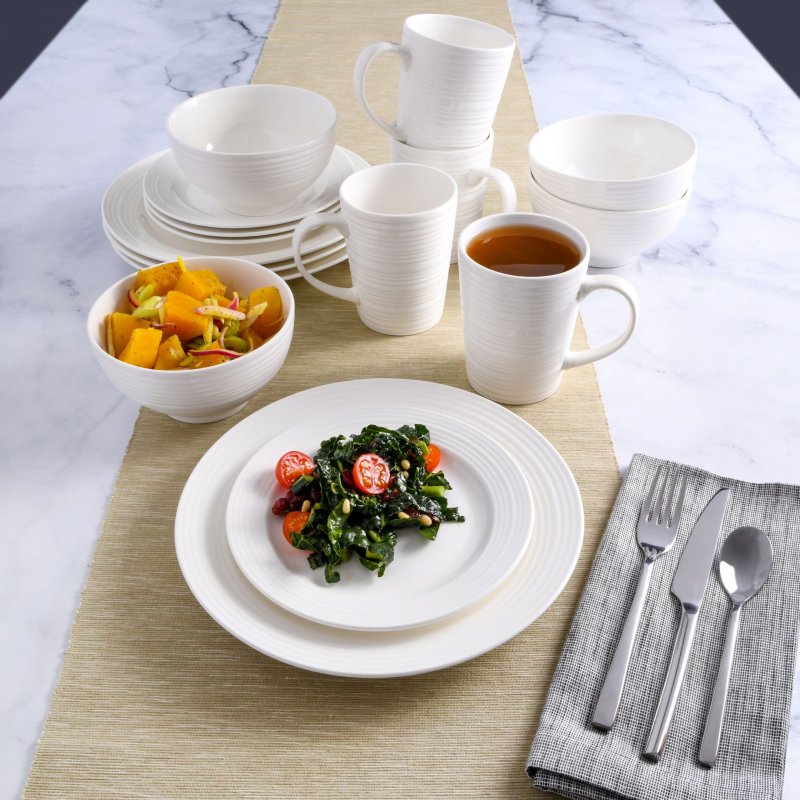 KIKUI Amelia Court 16-Piece Fine Ceramic Dinnerware Set – White